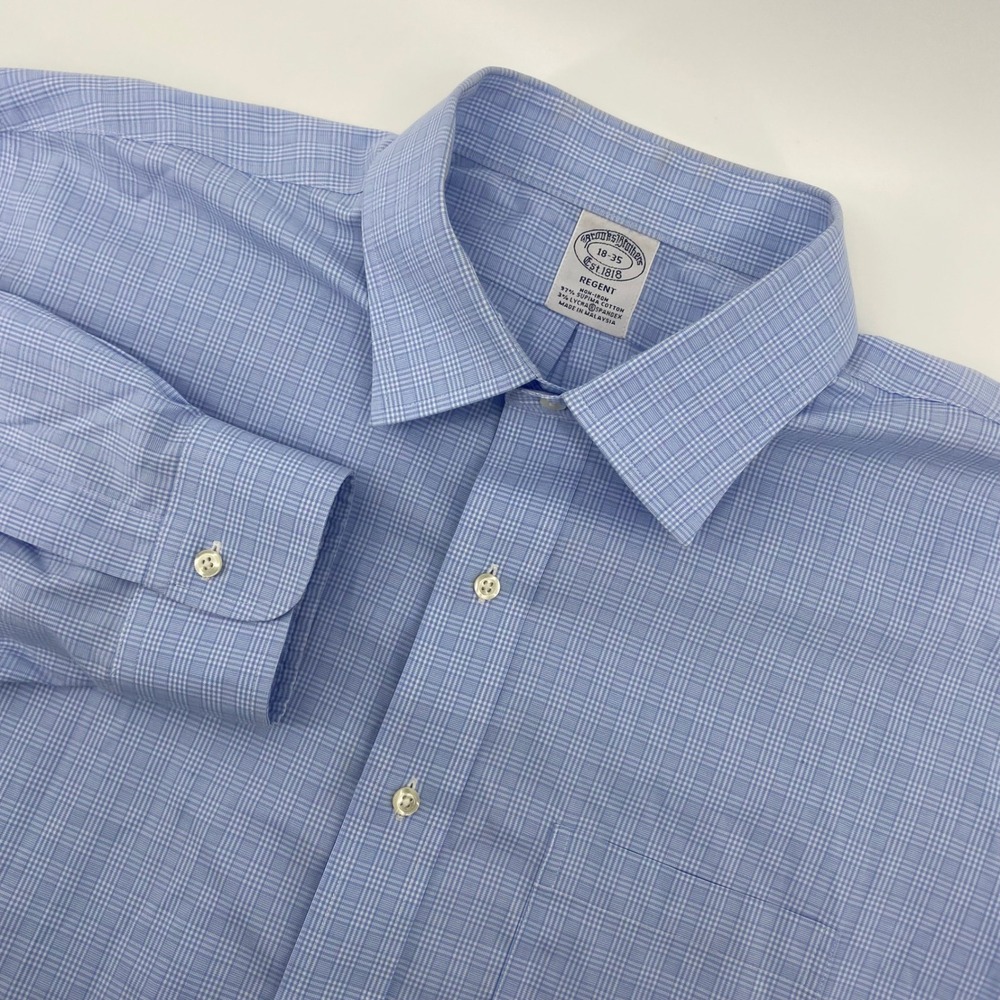 Brooks Brothers Dress Shirt Mens 18-35 Blue Plaid Regent Non-Iron Supima Cotton